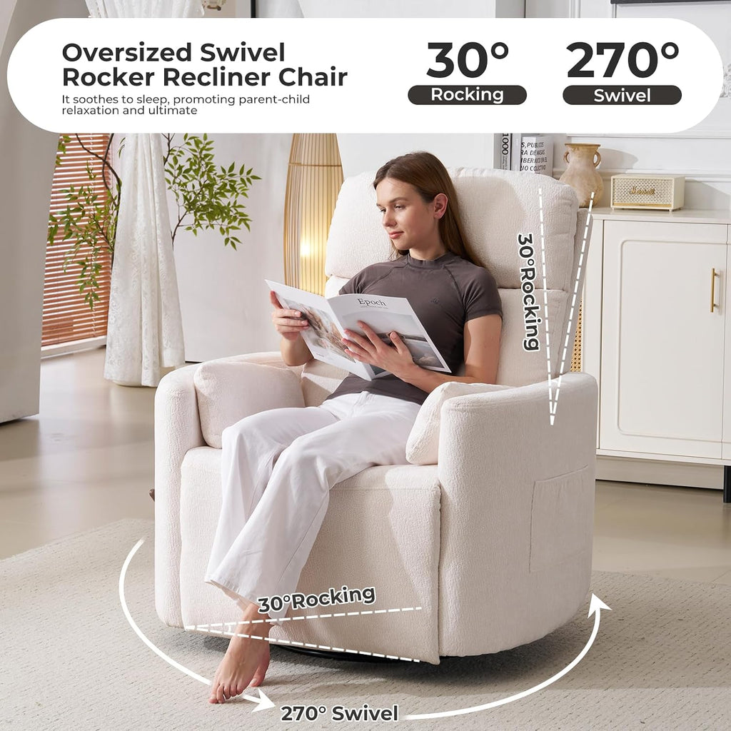 Oversized Swivel Recliner Chair with Massage and Heat, Rocking Chair Nursery with Adjustable Headrest, Rocking Chair