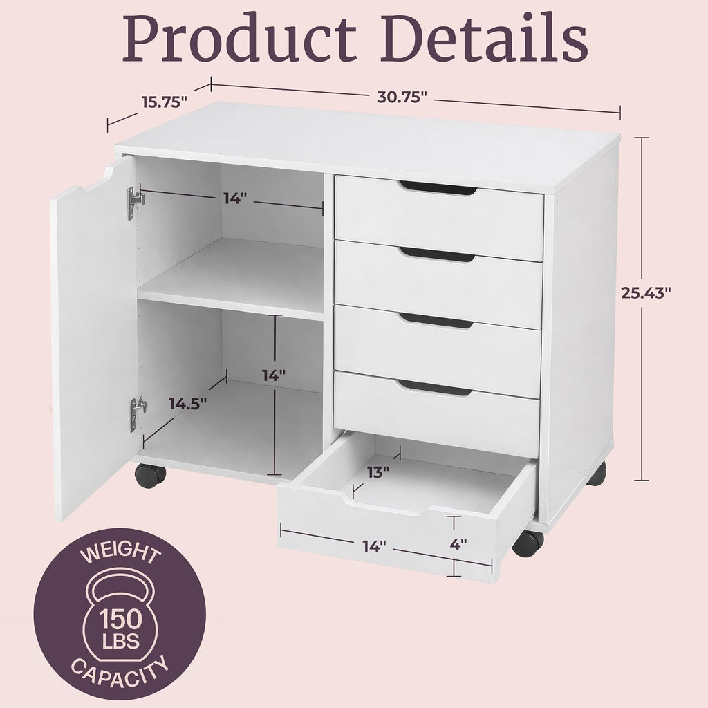 5 Drawer Office Storage Cabinet - Wooden Lateral File Cabinet with 5 Drawers, Door, and Adjustable Shelves - Rolling