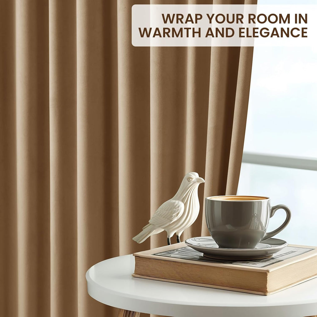 Velvet Curtains 84 Inches Long, Thermal Insulated Gold Brown Blackout Curtains for Living Room Bedroom Curtain Set