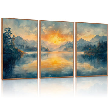 Mountain Lake Sunset Framed Wall Art Set of 3, 24x36 Landscape Decor