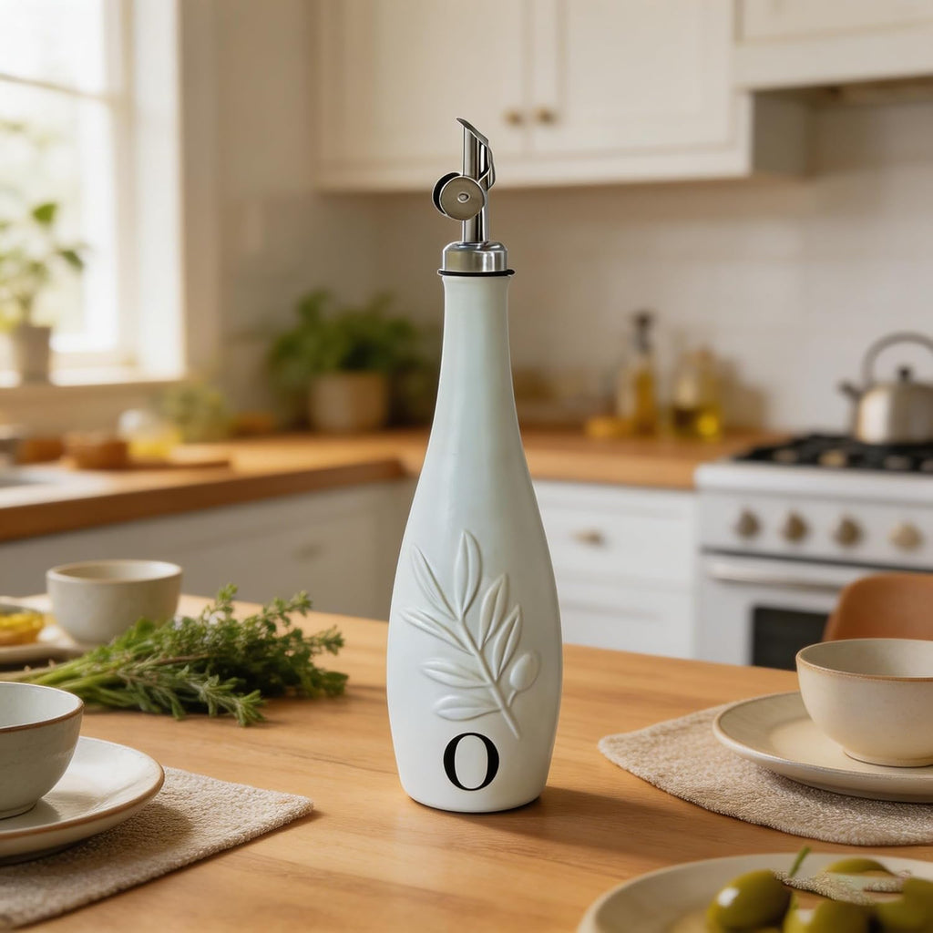 Oil and Vinegar Dispenser, 11.8oz Ceramic Leak Proof Olive Oil Bottle with Self-Closing Stainless Steel - Set of 2