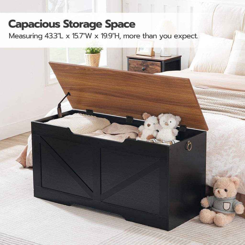 Storage Bench, 39.4" Retro Wooden Storage Chest with U-Shaped Cut-Out Pull, Safety Hinge, Supports 330 lb and Easy