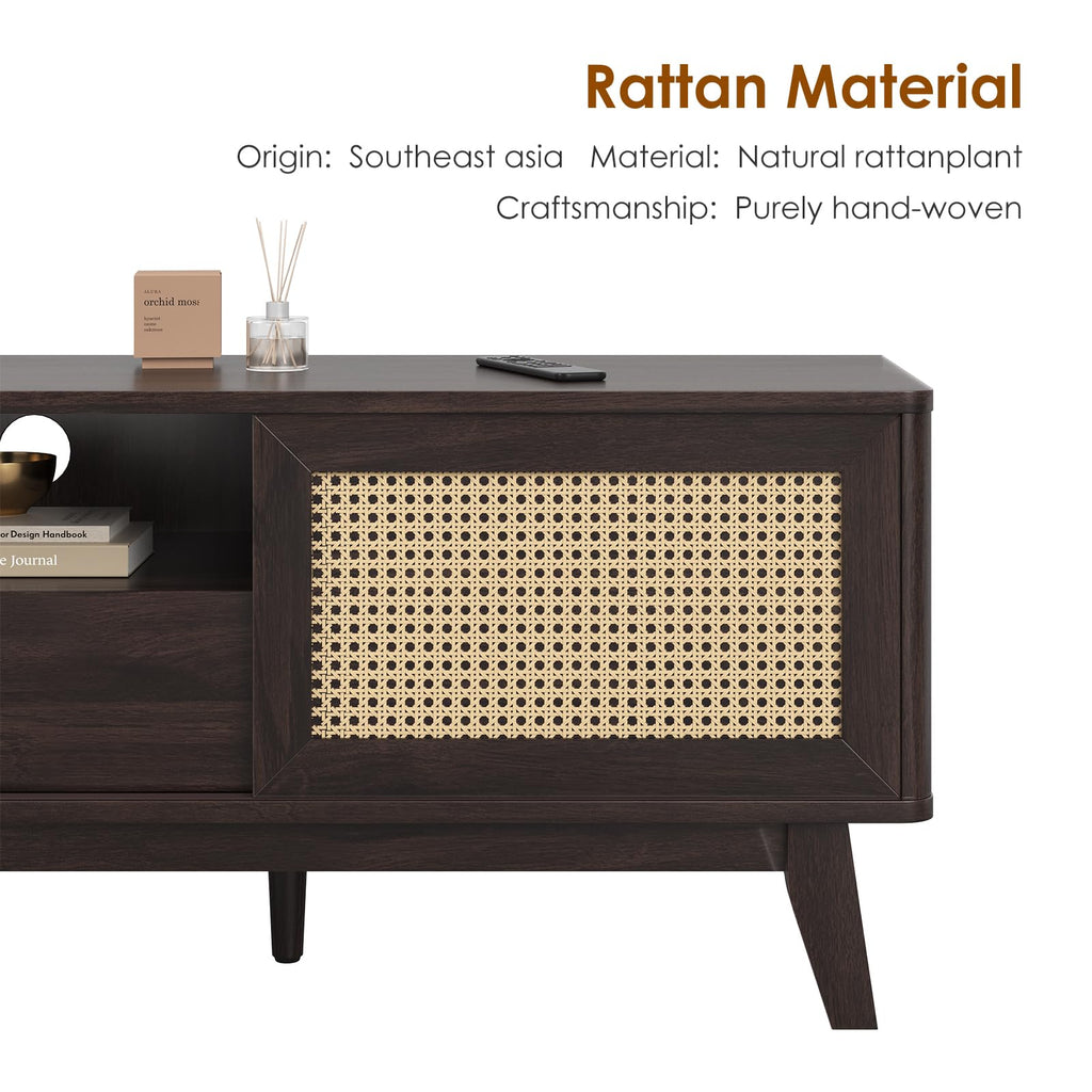 Rattan TV Stand for TVs, Wood TV Stand Mid Century Modern TV Stand TV Media Console with Drawer and 2 Cabinets, Boho