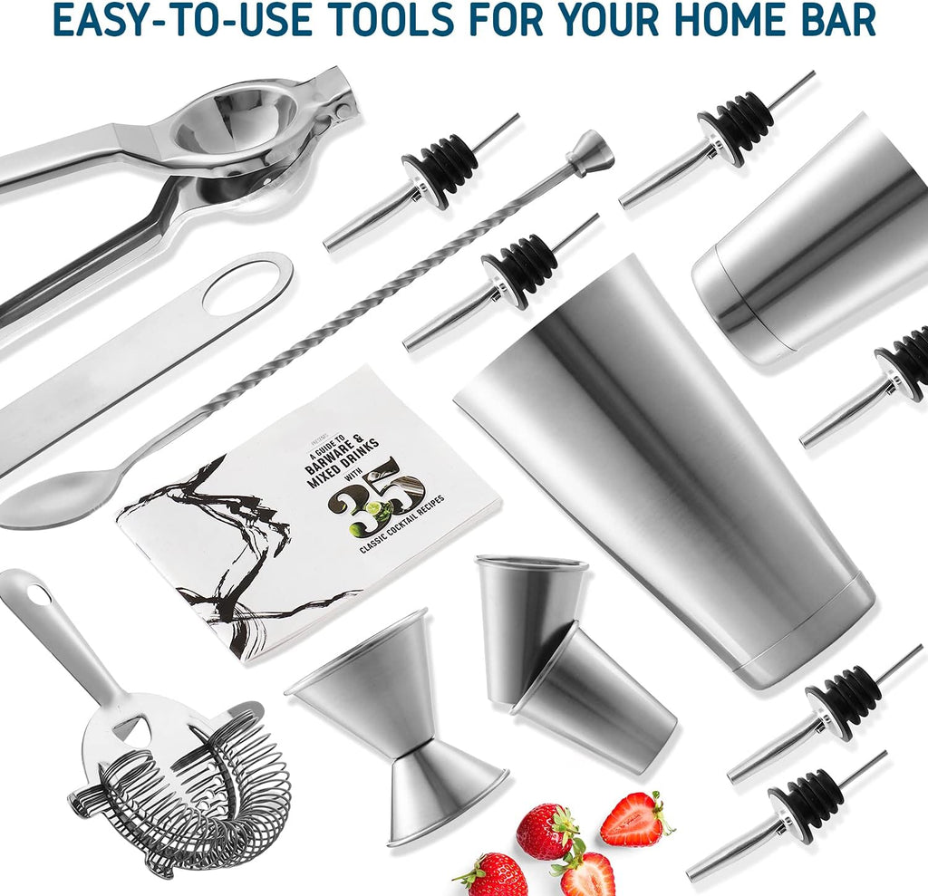 Bar Set Cocktail Shaker Set, Stainless Steel Mixology Bartender Kit, 16 Piece Cocktail Kit, Silver Cocktail Set, Bar