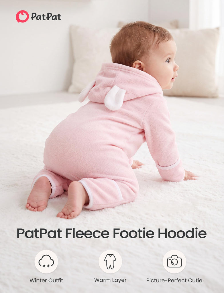 Baby Fleece Hooded Footie, Soft & Warm Outfit Bear Pink