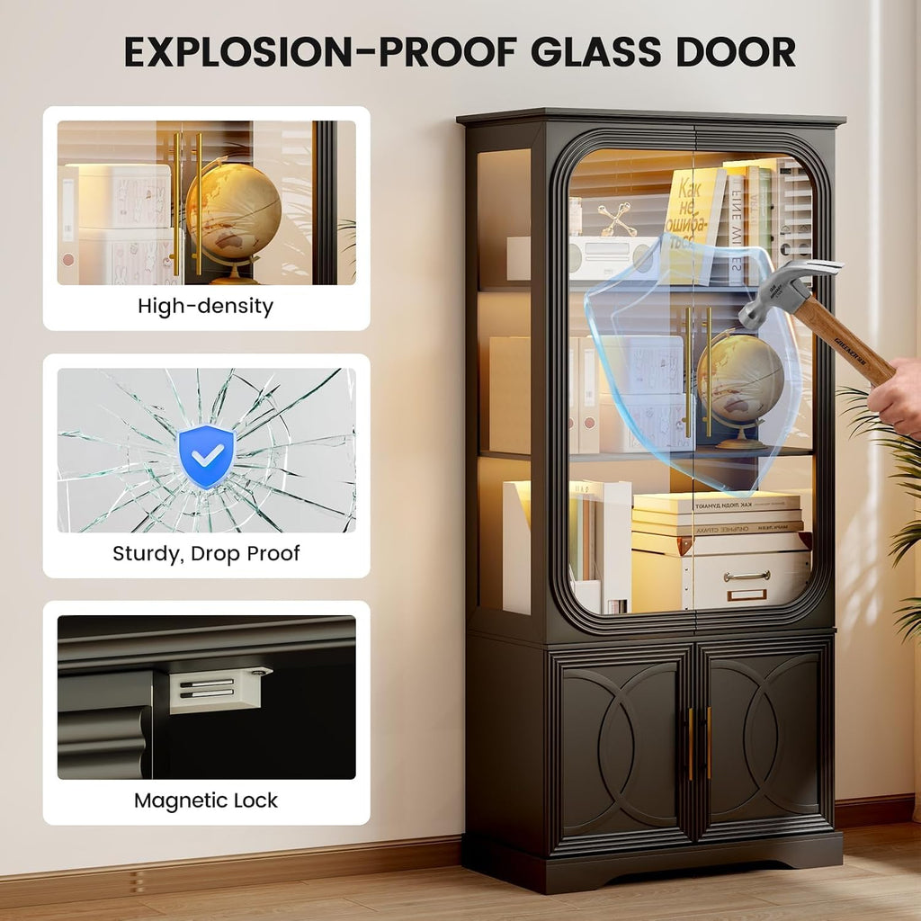 69 in Tall Display Cabinet with Glass Doors, LED Lights | 5 Tier Modern LED Display Bookcase Storage Cabinet, Human