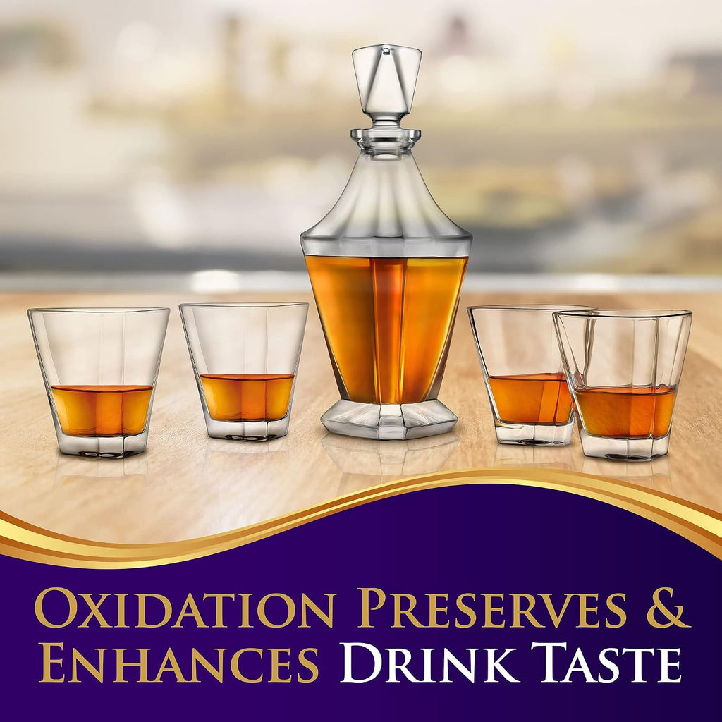 Whiskey Decanter Set with Glasses - Clear Glass Aerating Decanter with Stopper, Naturally Enhances Flavor & Aroma