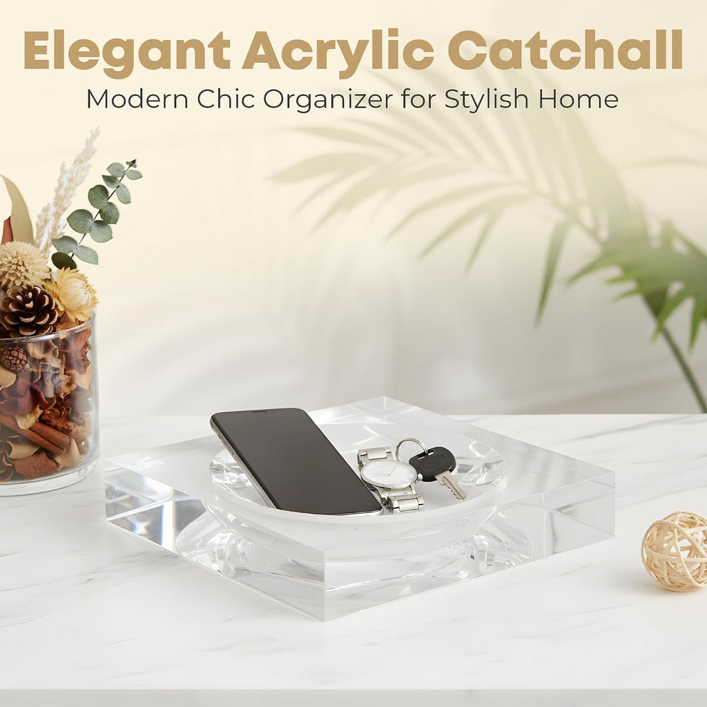 Clear Acrylic Catchall Tray - Decorative Jewelry Dish & Vanity Organizer for Keys, Rings, Earrings | Modern