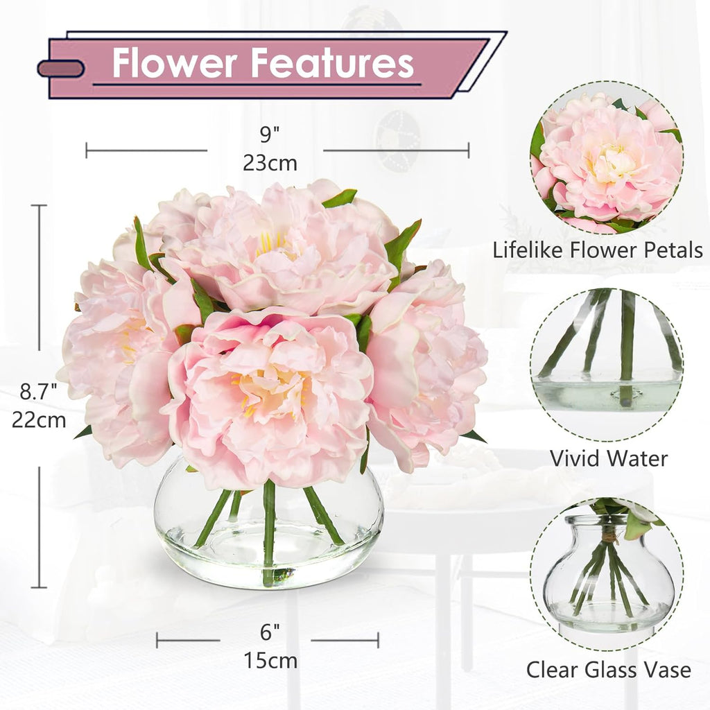 Pink Peonies Artificial Flowers with Vase Faux Flowers Peony Fake Flowers Silk Flower Arrangements in Glass Vase