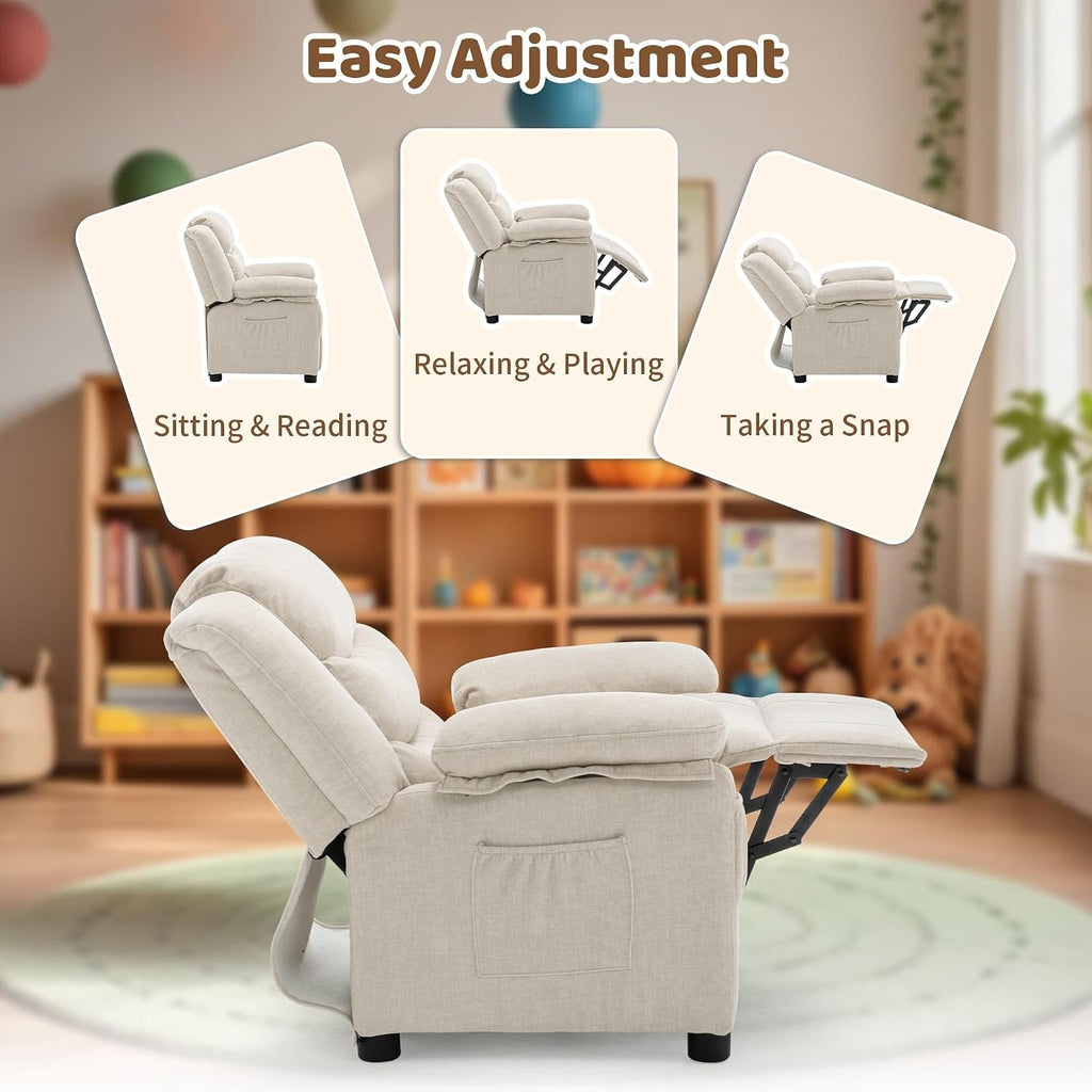 Kids Recliner Chair, Push Back Toddler Recliners with Side Pockets, Child Recliner with Footrest, Cashmere Fabric Kid