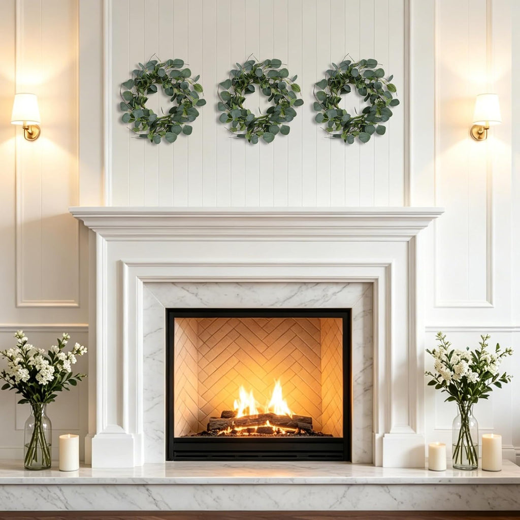 Eucalyptus Leaves Wreath Metal Polyester Green Wreath 15 Inches for The Front Door Décor, 1 Pack
