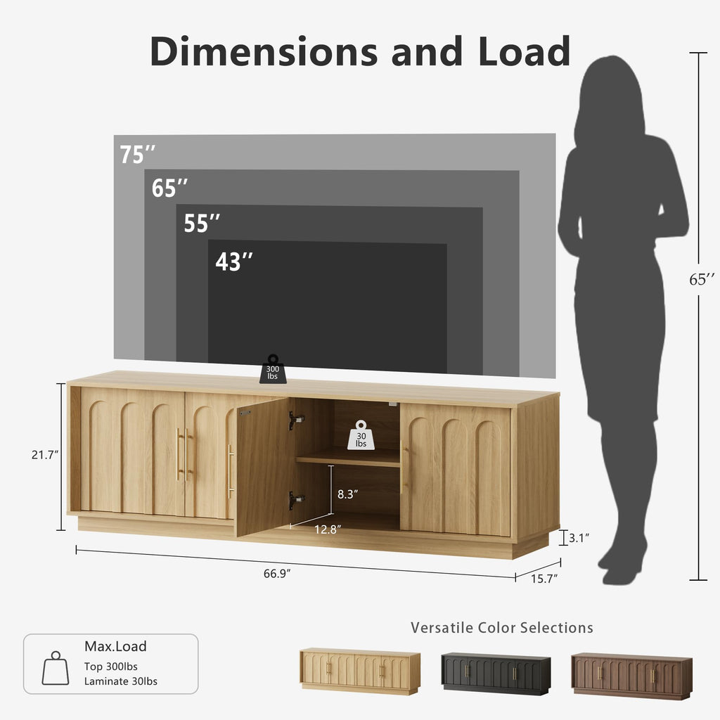 67" Mid Century Modern TV Stand for 75 Inch TV Living Room, Oak
