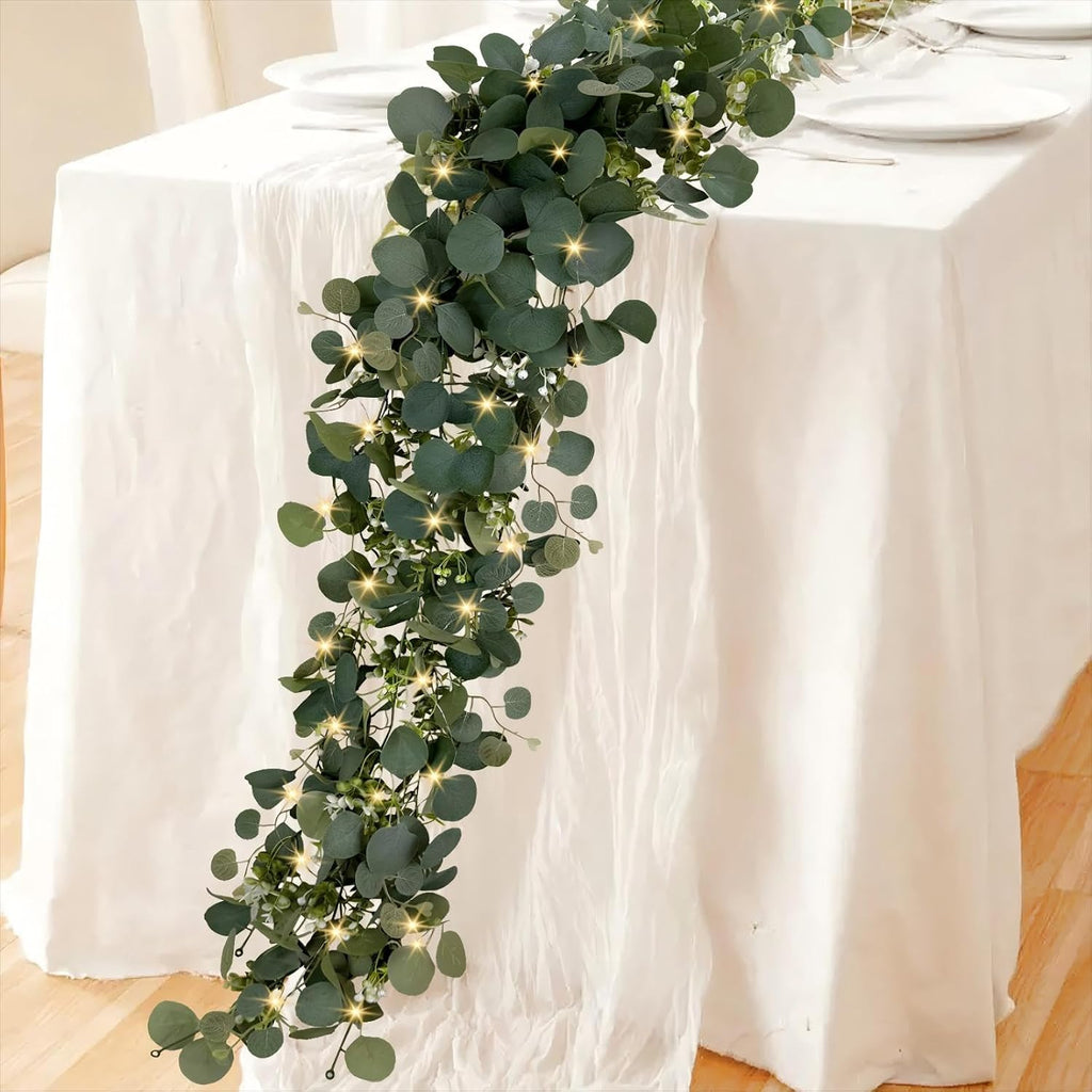 Eucalyptus Garland with Lights, 2 Packs 6FT Green Flower Garland Decor, Artificial Faux Eucalyptus Leaves Greenery - Set of 2
