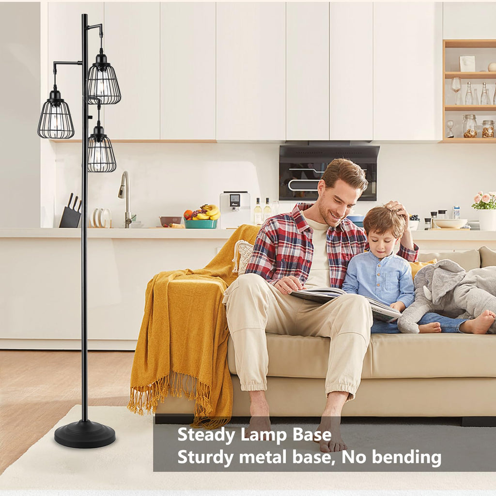 68" Living Room Floor Lamp, Industrial Farmhouse 3 Teardrop Cage Standing Lamp, Black Tall Floor Lamp Office, 3 LED