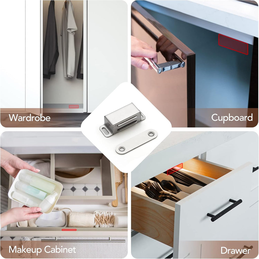 4 Pack Silver Magnetic Door Catch, Brushed Satin Nickel Cabinet Magnets, Strong Magnetic Catch Latch Cabinets, Drawers