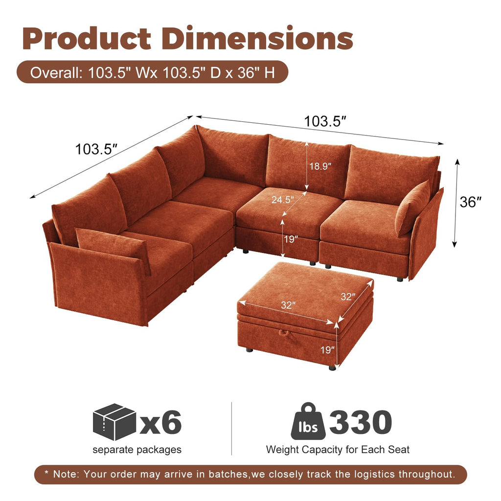 Oversized Modular Sectional Sofa Terracotta Orange, L-Shaped Convertible Couch with Movable Ottoman, Large 6-Seater