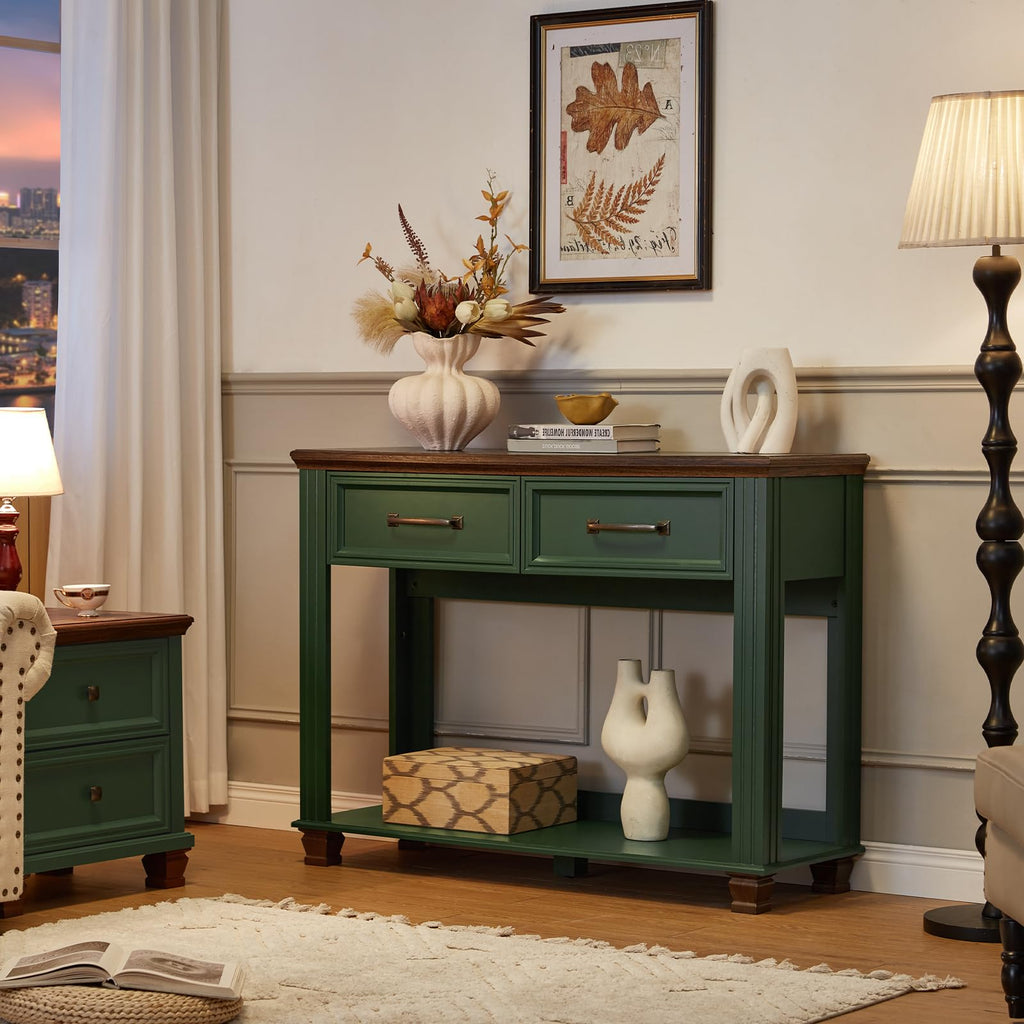 46" Farmhouse Console Table with Drawers, Green Entryway Table