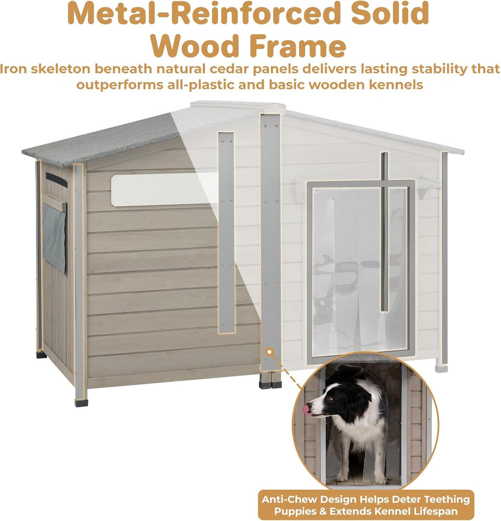 Dog House Outdoor Cedar Wood with Iron Frame for Large Dogs