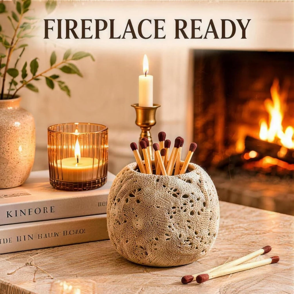 Match Holder, Matches Holder, Travertine Stone Striker Jar, Decorative Fireplace & Home Decor Accessory