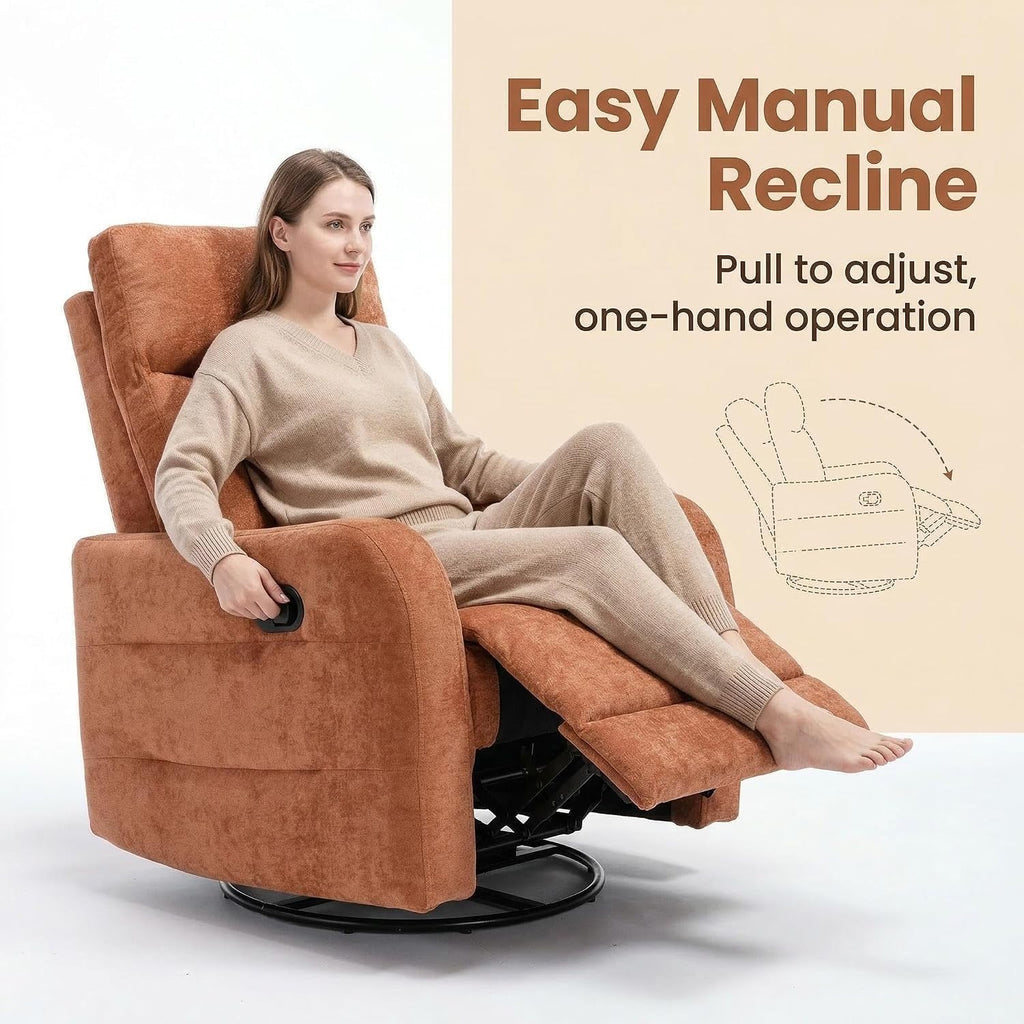 360° Swivel Glider Rocker Recliner Chair, Manual Reclining Fabric Lounge Chair with Side Pull Handle, Upholstered