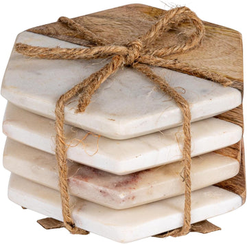 4-Piece Marble and Mango Wood Hexagon Coasters, White and Natural - Set of 4