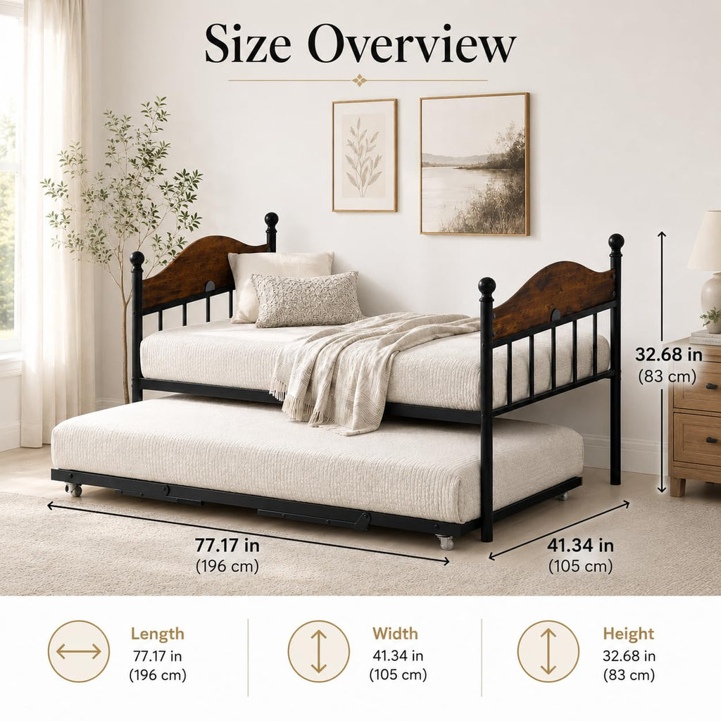 Twin Daybed with Trundle, Twin Bed Frame with with Stylish Headboard, Heavy Duty Steel Slats Platform, Brown