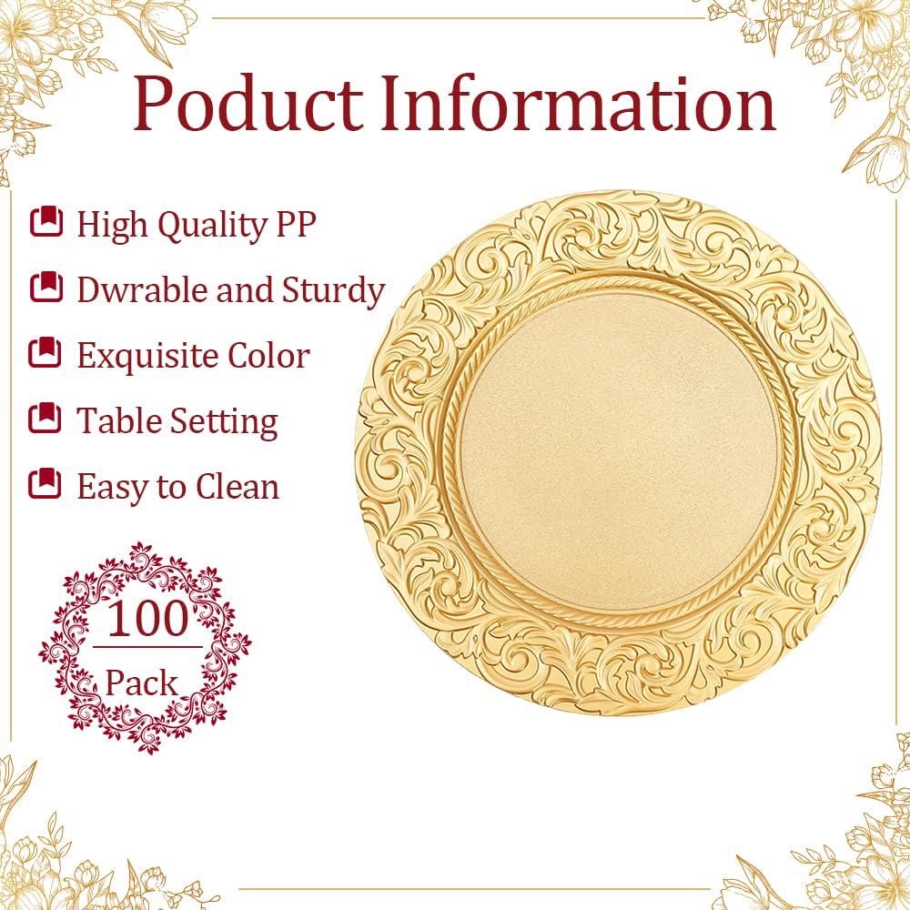 100Pcs Charger Plates with Floral Pattern 13" Chargers for Dinner Plates Bulk Wedding Decorative Table Charger Plates