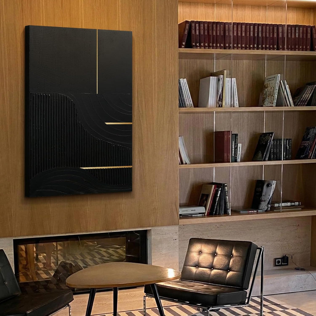 Hand-Painted Black & Gold Abstract Wall Art, Modern Textured Oil Painting | Original Vertical Canvas Artwork Bedroom
