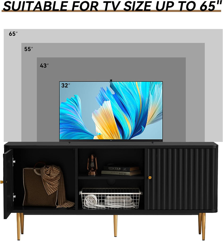 55" Mid Century Modern Fluted TV Stand for TVs up to 65 Inch,Black | Entertainment Center w/ Storage Cabinet & Open