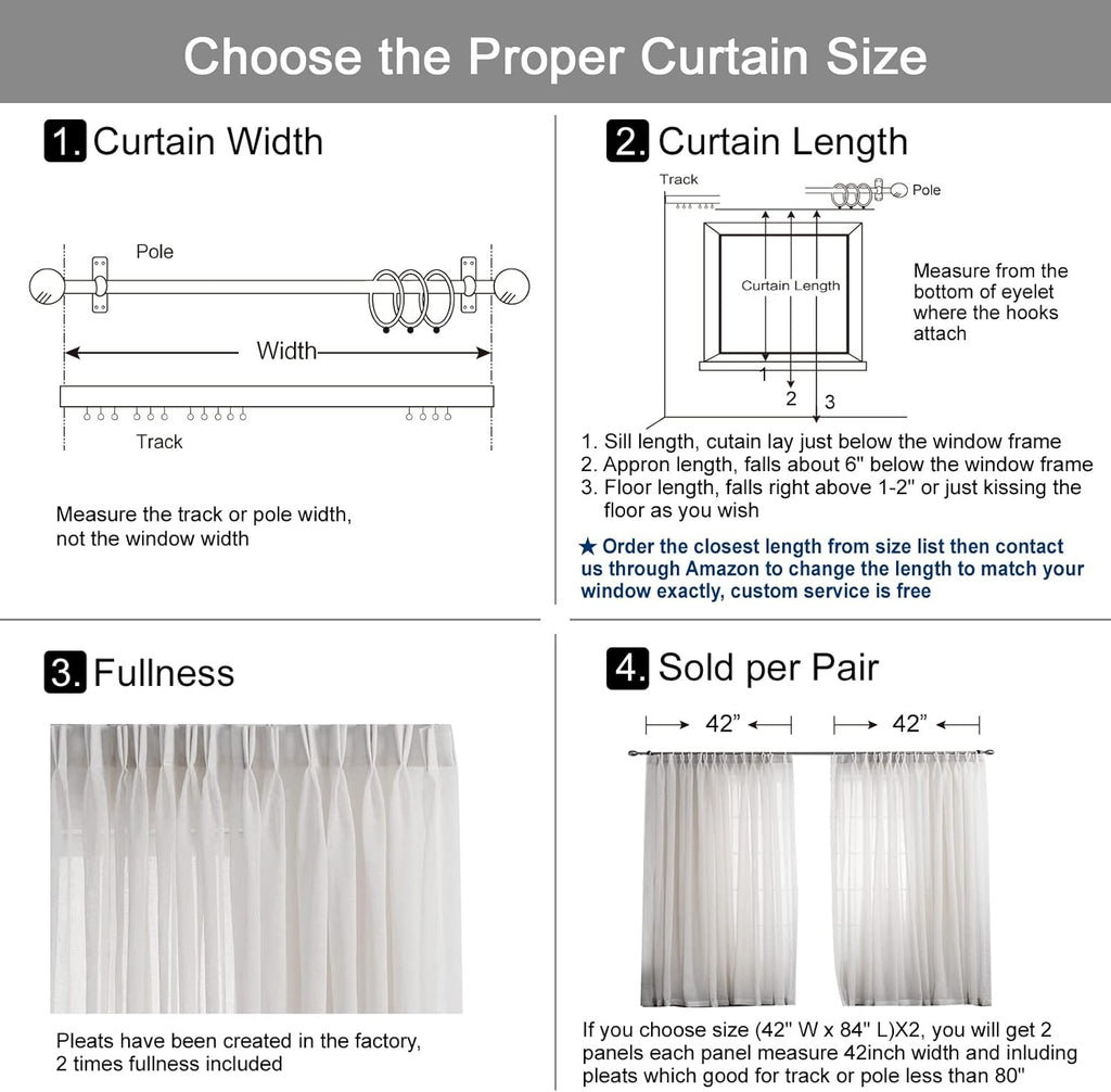 Window Sheer Curtains 42 inches Wide, White with Black Border Semi Pinch Pleated Sheer Curtains Panels Drapery, 42" W