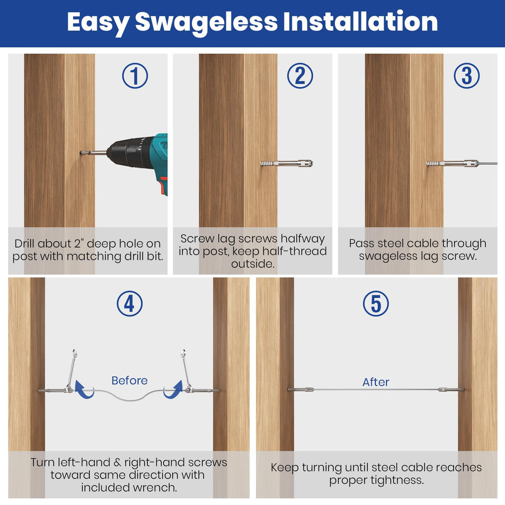 20Pack 1/8" Swageless Lag Screws Left & Right for Cable Railing