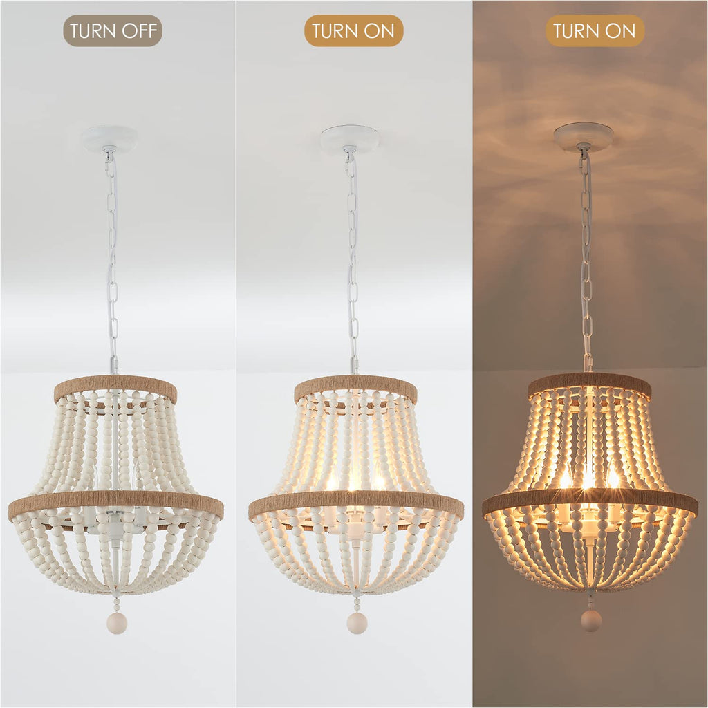 3-Light Boho Chandelier Farmhouse, Wood Bead Pendant Light, Antique Rustic Hanging Light Fixture Island Hallway