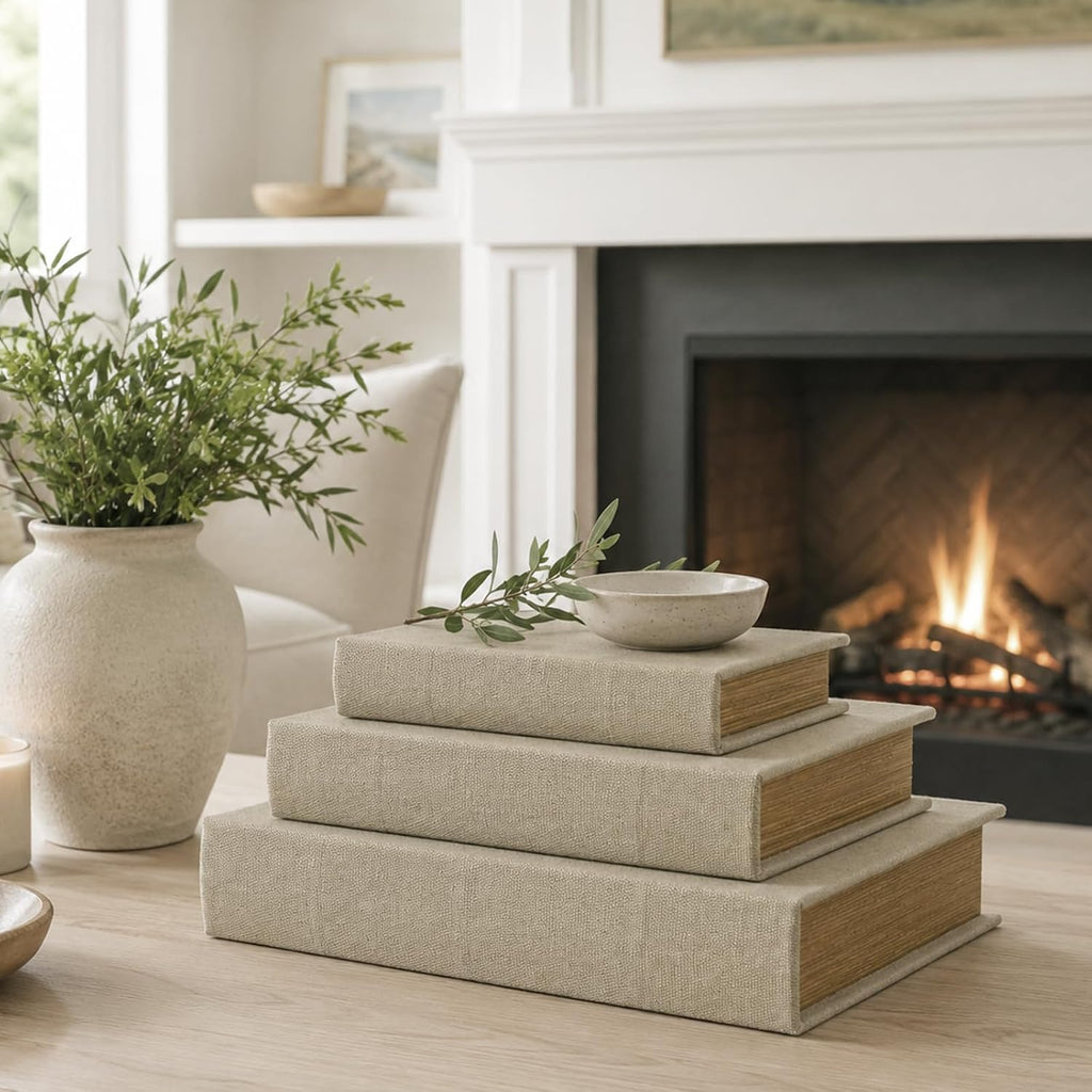 Decorative Book Boxes Set of 3 - Modern Faux Linen & Wood Hidden Storage for Coffee Table - Stackable Fake Books for
