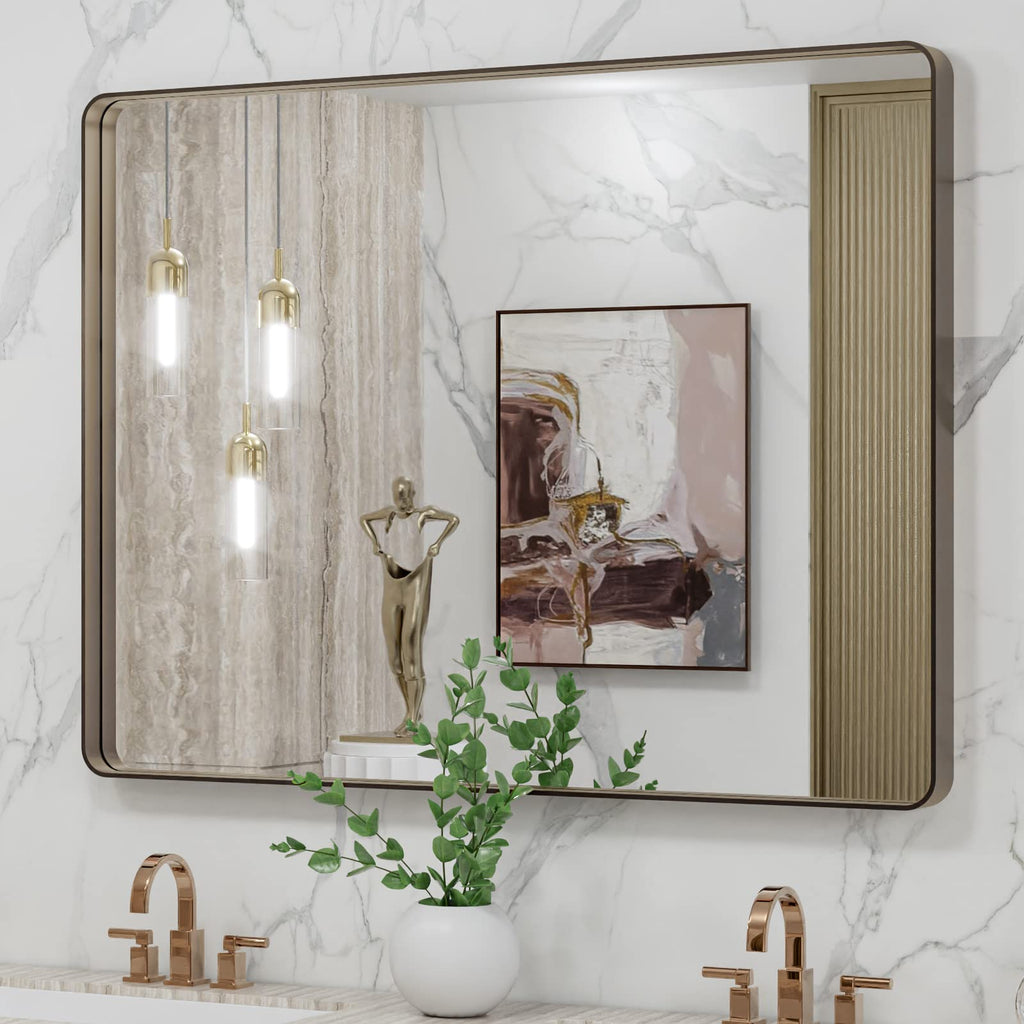 40"X30" Bronze Bathroom Mirrors for Vanity, Rounded Rectangle Brushed Bronze Metal Frame Mirror, Anti-Rust, Tempered