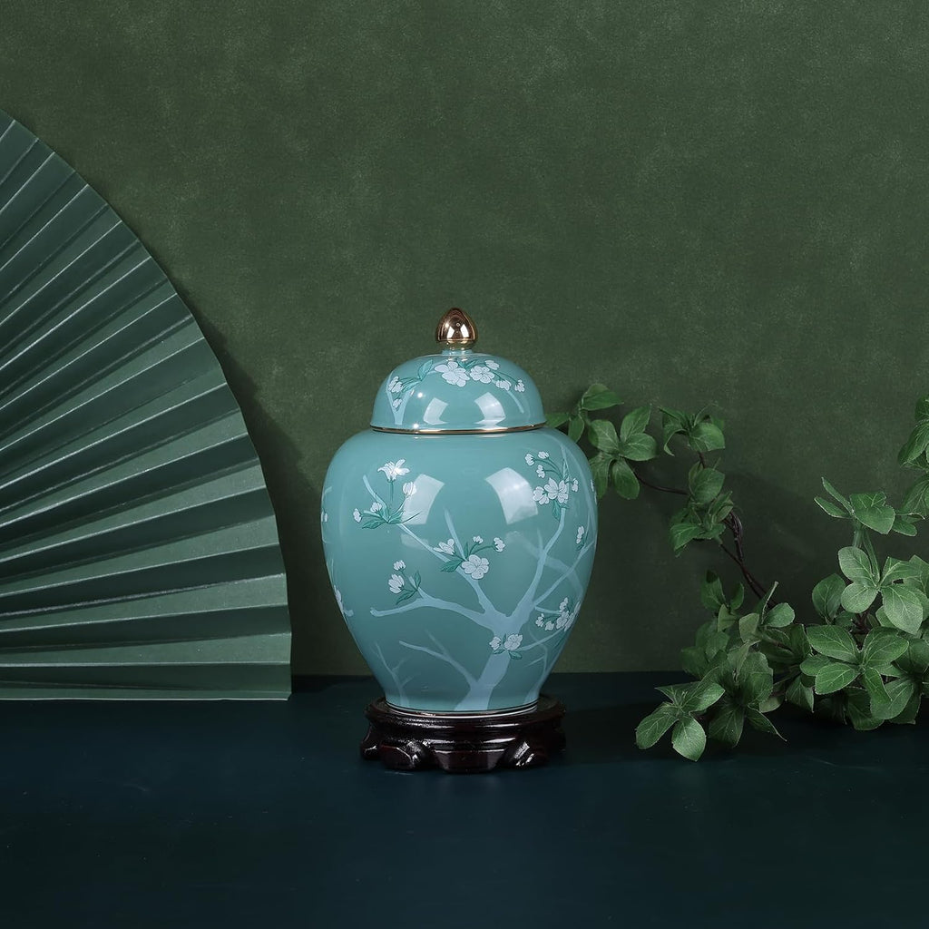 Green Pine Blossom Ceramic Jar-Blue and White Porcelain Ginger Jar, Chinoiserie Decorative Storage Jar