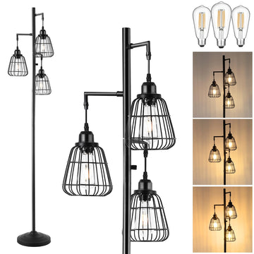 68" Living Room Floor Lamp, Industrial Farmhouse 3 Teardrop Cage Standing Lamp, Black Tall Floor Lamp Office, 3 LED