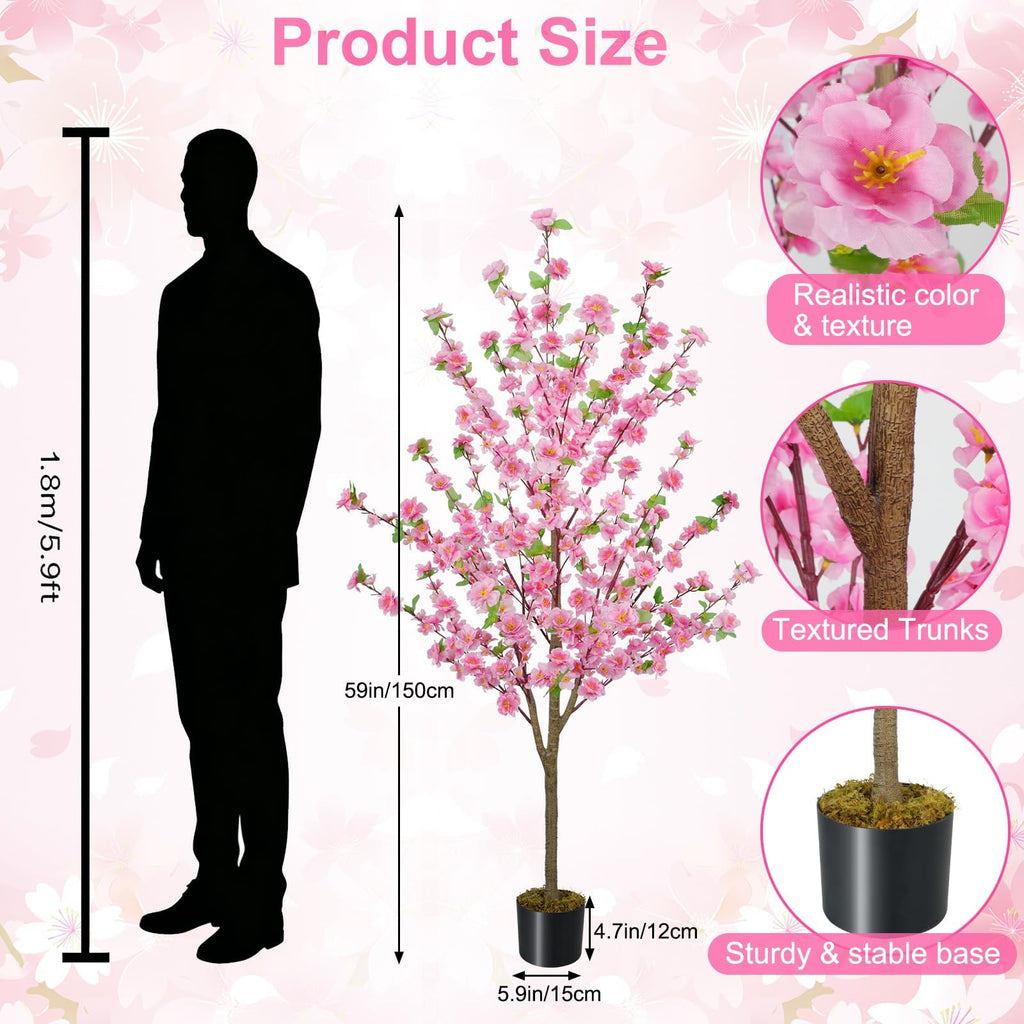 5FT Artificial Cherry Blossom Tree Faux Pink Tree Silk Sakura Tree with Plastic Moss Pot Artificial Trees Decor