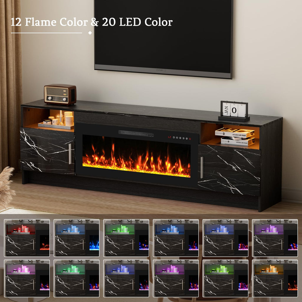 Fireplace TV Stand for 65-80 inch TV, Large Entertainment Center with Fireplace & LED Lights, High Gloss Living Room