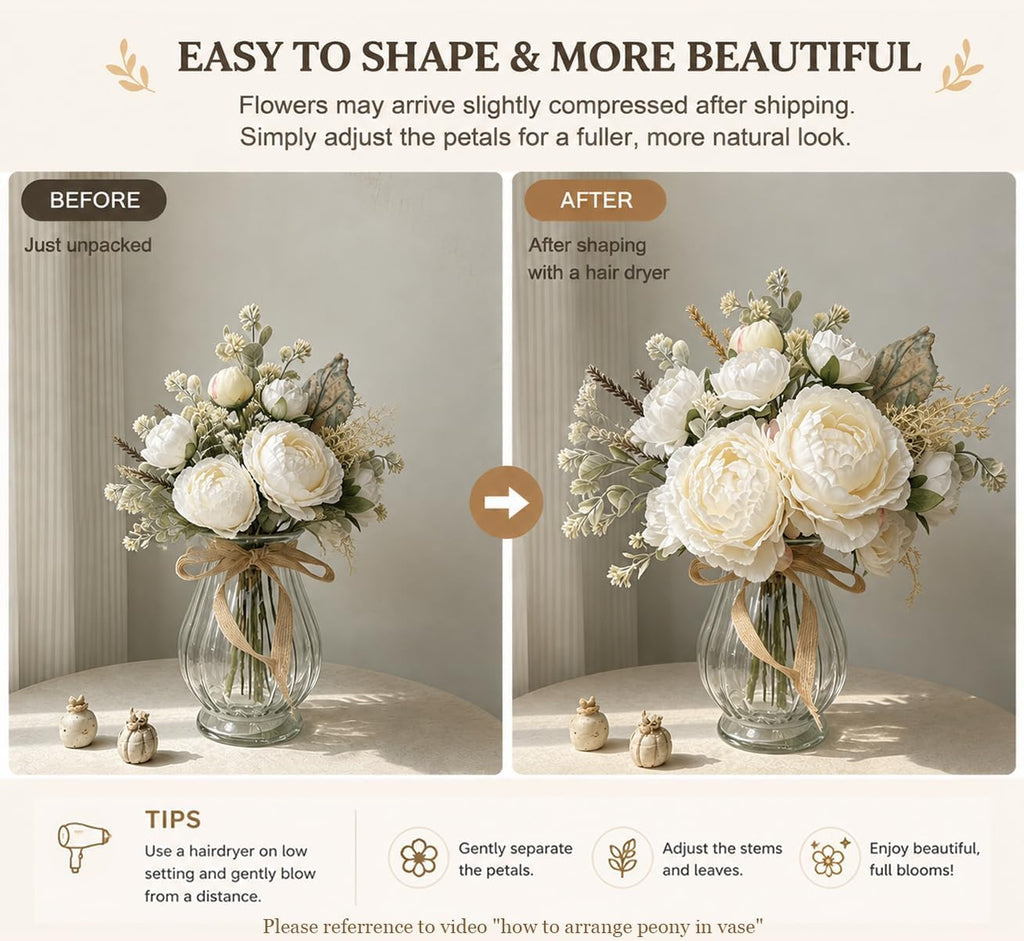 Faux Peonies White Artificial Flowers with Vase, 12.9''