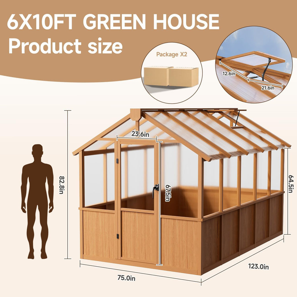 6x10 FT Wooden Greenhouse,Natural Wood Garden House for Plants,Heavy Duty Green House with Polycarbonate Panel