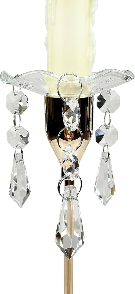 4 Pieces Bent Glass Candle Bobeches with Crystal Prisms Pendant, Taper Candle Wax Catcher Rings
