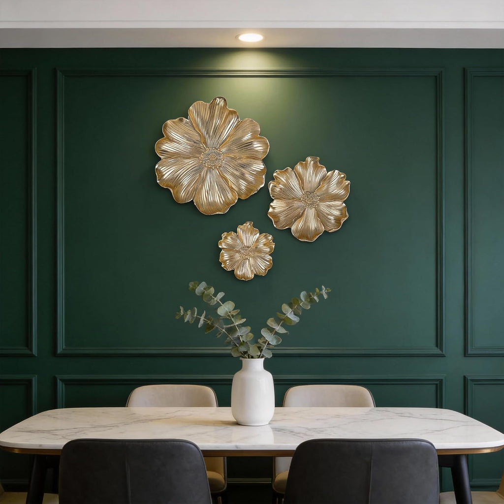 Gold Resin Floral Wall Art, Unique Wall Sculpture and Vintage Wall Décor, Perfect, Room, and Bathroom Wall - Set of 3