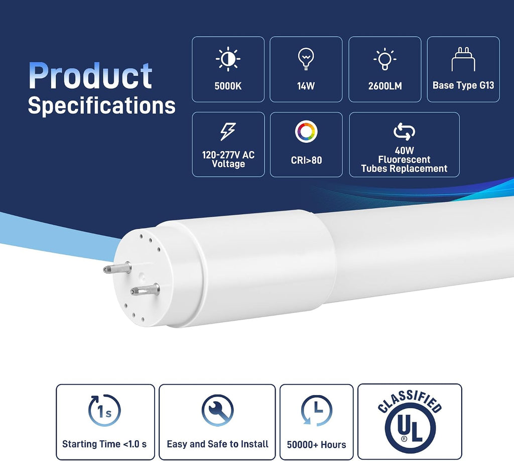 T8 LED Tube Lights 4Ft, 186LM/W 14W 2600LM 5000K, LED T8 Type A+B, DLC 6.0
