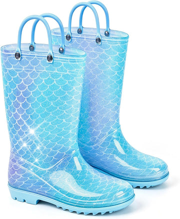 Toddler Rain Boots For Girls Waterproof Rainboots Little Girls Glitter Unicorn Rain Boots For Kids With Easy-On