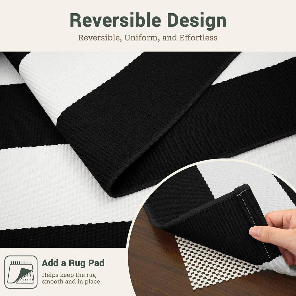 Black and White Striped Rug Woven Washable Front Door Rug