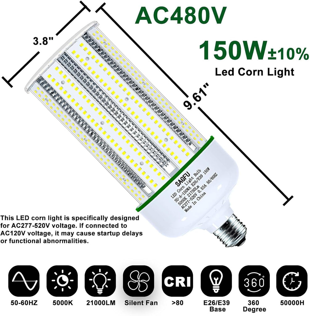 480V LED Corn COB Light Bulb 150W,LED Corn Bulb 5000K Daylight White,1-Pack 1500W Equivalent,21000 Lumens Super