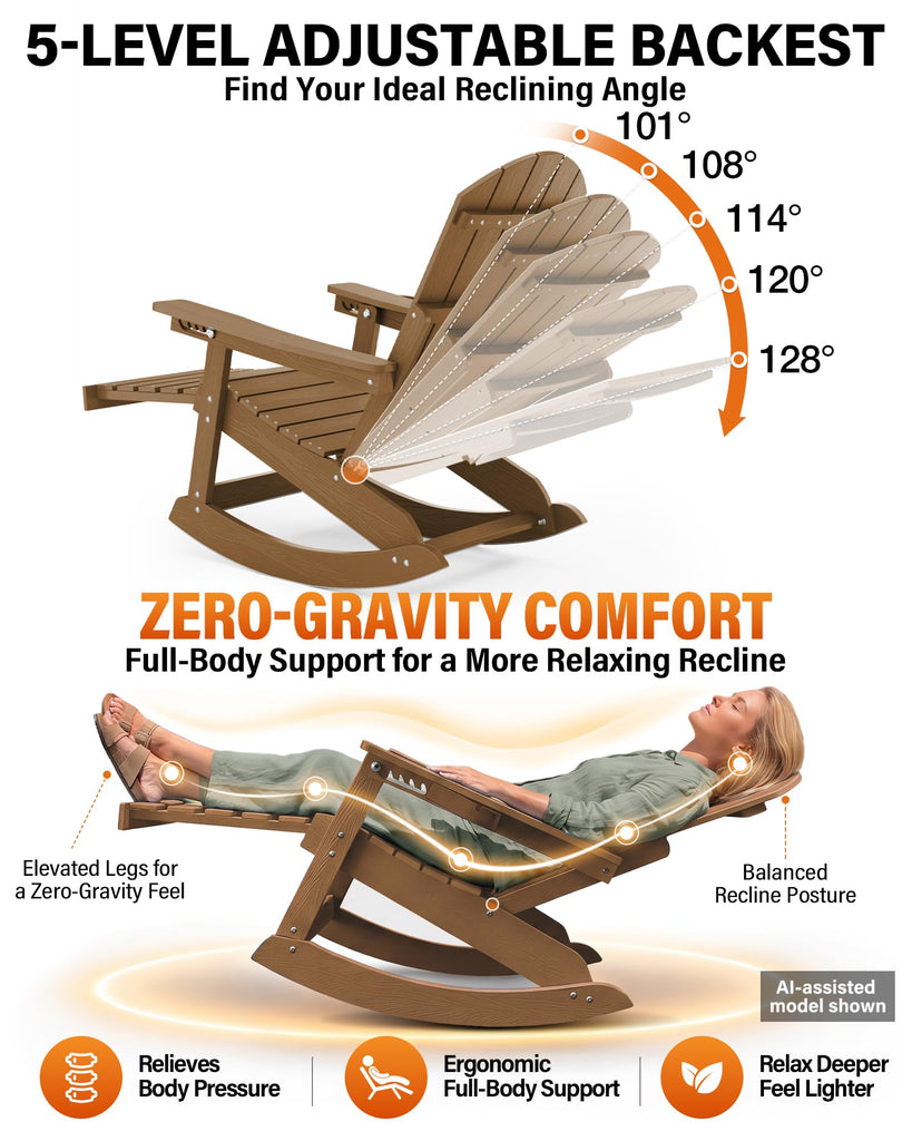 Adirondack Rocking Chairs, with Footrest, 5-Level Adjustable Backrest