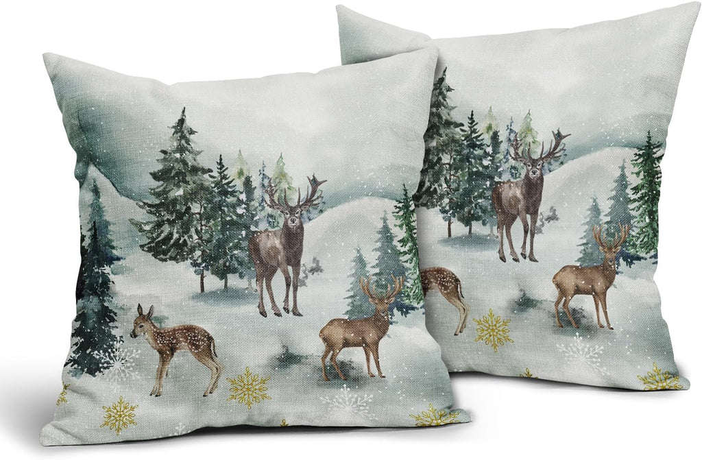 Christmas Pillow Covers 18X18 Inch Winter Watercolor Deer Trees Snowflakes Decorative Square Pillow Cases - Set of 2