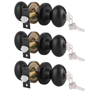 3 Pack Oval Keyed Alike Entry Door Locks in Matte Black Egg Door Knobs with Lock and Same Key for Exterior Front Door