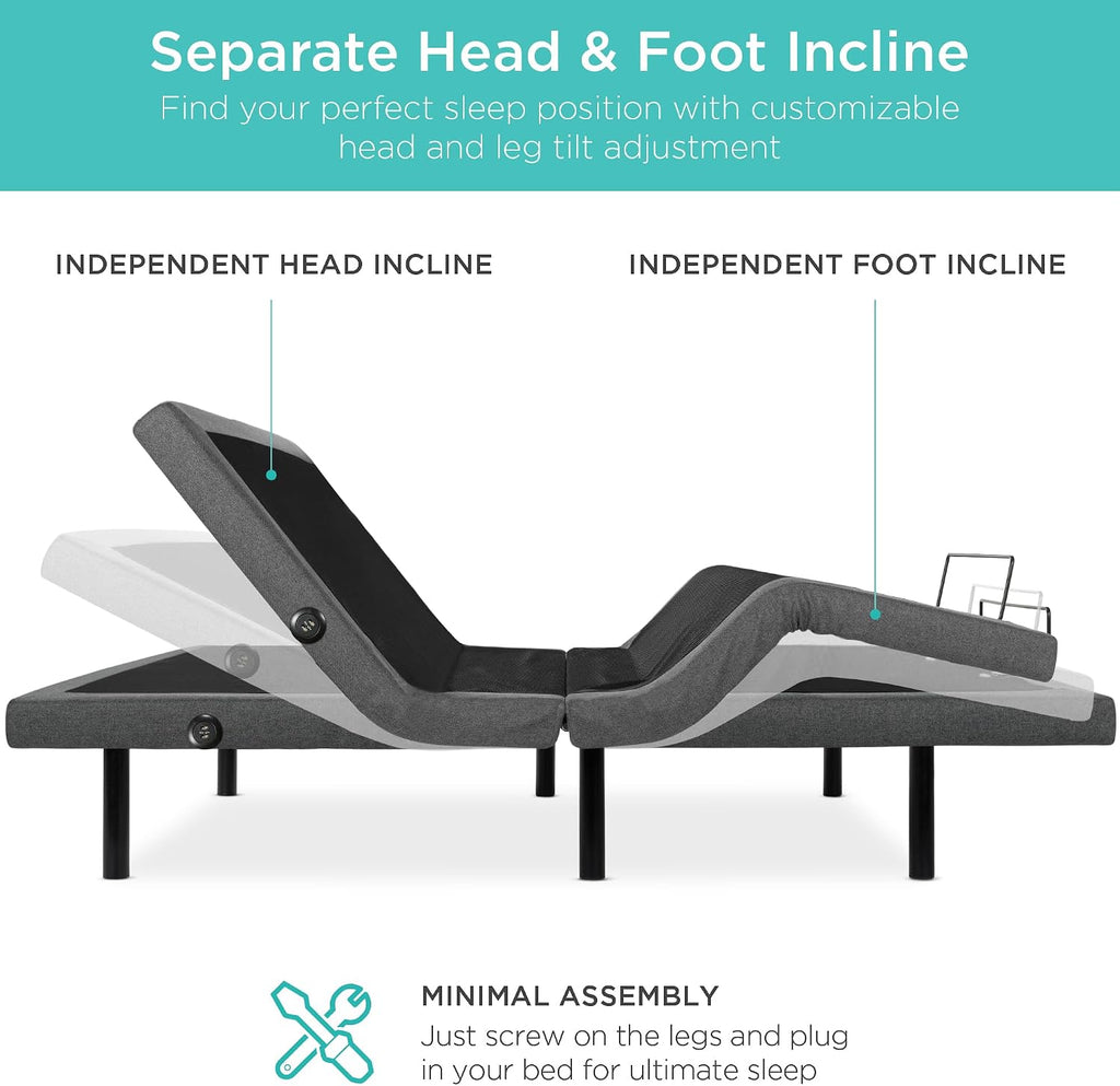 Ergonomic Full Size Adjustable Bed Frame, Electric Base w/Wireless Remote Control, Nightlight, Massager, 2 USB Ports